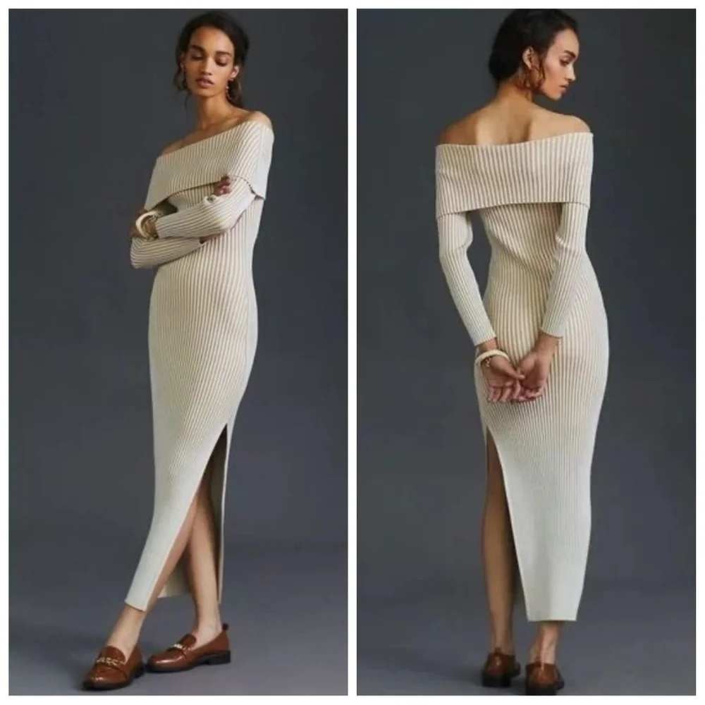Anthropologie Ribbed Off the Shoulder Maxi Sweater Dress XL Tan Cream Long Slv